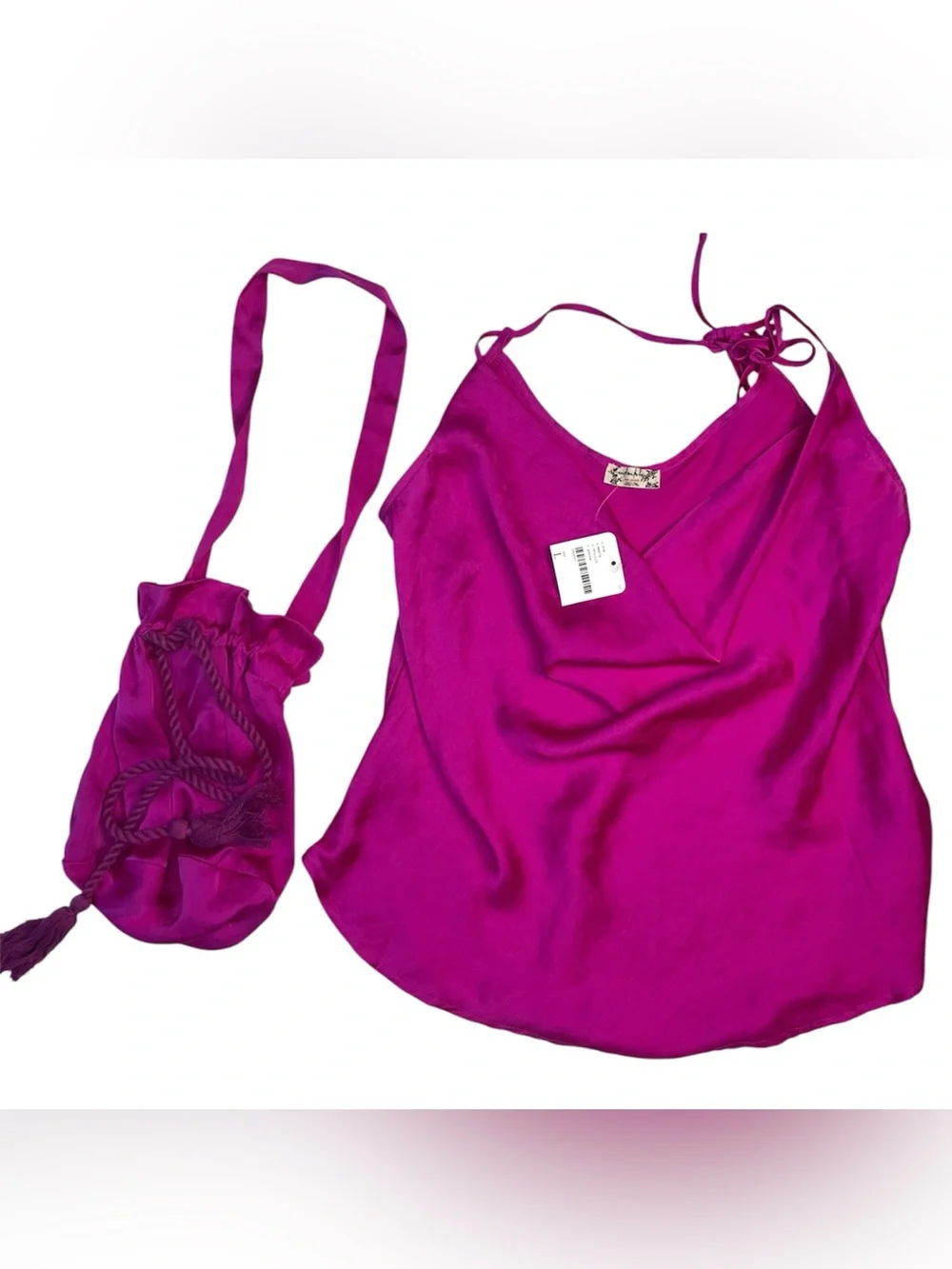 NEW Free People Intimately Magenta Satin Halter Cami & Matching Bag